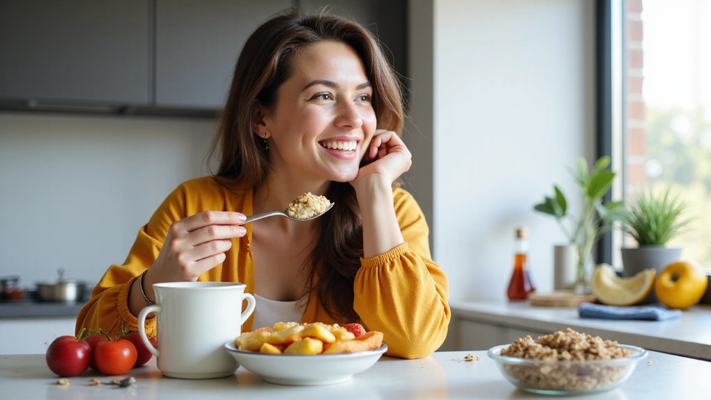 Ευτυχισμένη γυναίκα που τρώει υγιεινό πρωινό