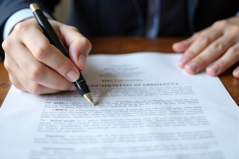 Ένα χέρι που κρατά ένα νομικό έγγραφο με ένα στυλό, υποδηλώνοντας περιορισμό ευθύνης