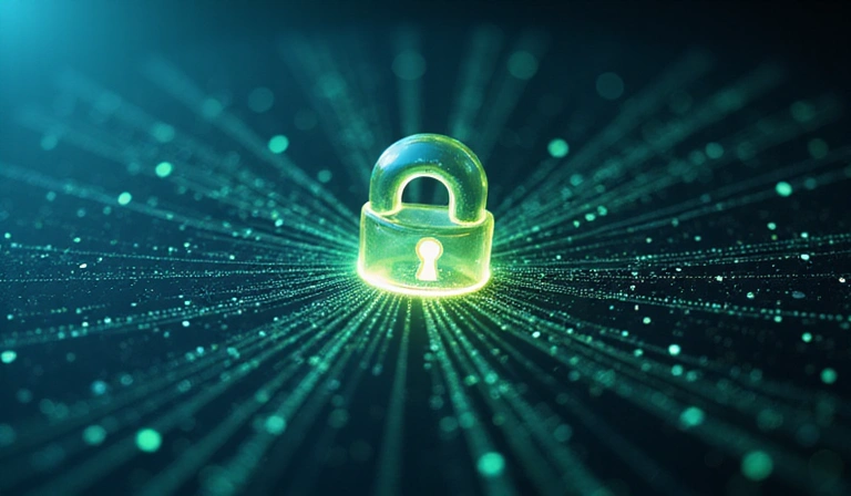 Εικόνα που απεικονίζει την προστασία δεδομένων, με ένα λουκέτο και ψηφιακά στοιχεία.